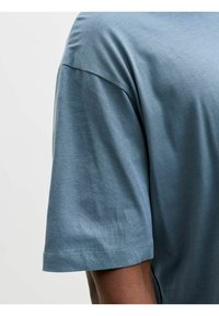 Koszulka z krótkim rękawem wykonana z jasnoniebieskiej bawełny, charakteryzująca się gładką fakturą, luźnym krojem oraz podwójnym ściegiem na rękawach i dole.