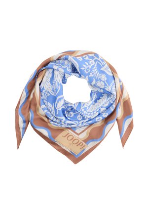 Blauw en bruin bloemenpatroon zijden sjaal, gevouwen met puntige uiteinden en "JOOP!" label zichtbaar in de hoek.