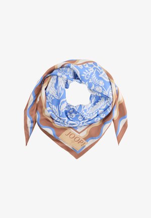 Blue and brown floral patterned silk scarf folded with pointed ends and "JOOP!" label visible on corner.