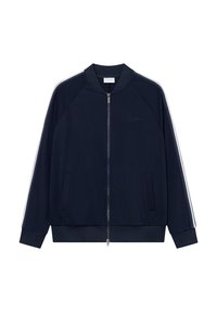 Ναυτικό μπουφάν με φερμουάρ και ραμμένα μανίκια, δύο μπροστινές τσέπες και λευκές λωρίδες στο πλάι. Διαθέτει ριμπ κολάρο και διακριτική λεπτομέρεια λογότυπου.