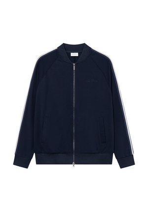Tengerész navy zipzáras dzseki, raklannal ellátott ujjal, két elülső zsebbel és fehér oldalsávval. Régi gallérja és diszkrét logó részlete van.