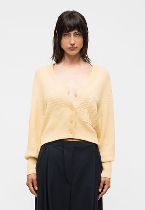 Femme aux cheveux courts et foncés portant un cardigan jaune pâle boutonné à col en V et un pantalon large taille haute foncé, sur fond uni.