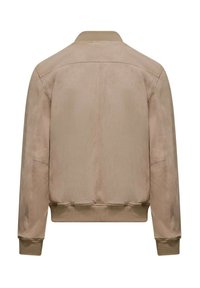 Giacca bomber beige realizzata in tessuto liscio, con colletto e polsini a costine, tasche laterali e silhouette affusolata.