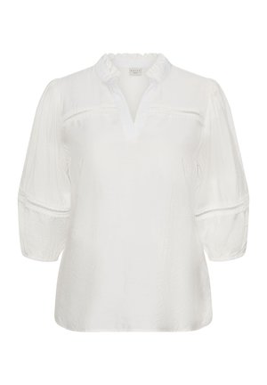 Balta palaidinė su trims ketvirčio pūstomis rankovėmis, raukiniuotu apykakliu ir nėrinių detalėmis ant krūtinės ir rankovių.