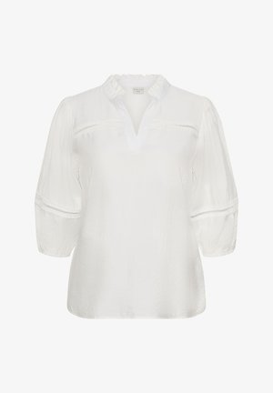 Balta palaidinė su trims ketvirčio pūstomis rankovėmis, raukiniuotu apykakliu ir nėrinių detalėmis ant krūtinės ir rankovių.