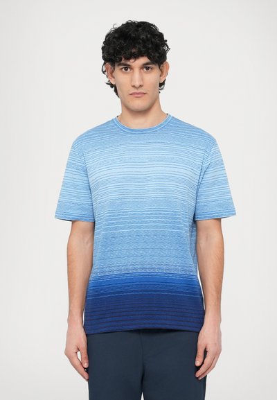 Blue striped short-sleeve t-shirt, with a gradient from light to dark blue. Made from soft fabric, crew neckline, relaxed fit.