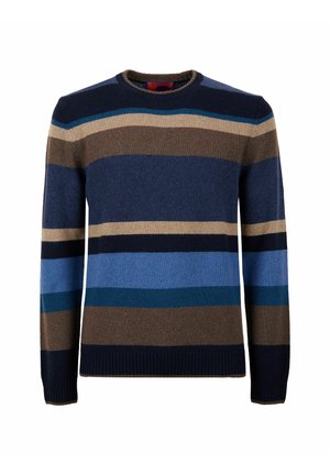 Maglione a maglia con strisce navy, blu, marrone e beige. Presenta un collo rotondo e polsini e orlo a coste. Tessuto morbido.