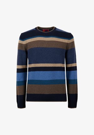 Knit sweater in navy, blue, brown, and beige stripes. Features a round neckline and ribbed cuffs and hem. Soft texture.