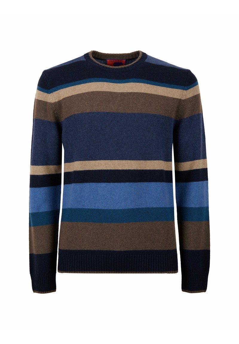 Maglione a maglia con strisce navy, blu, marrone e beige. Presenta un collo rotondo e polsini e orlo a coste. Tessuto morbido.