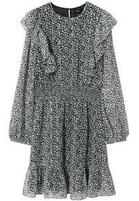 Schwarz-weiße, blumenmusterte Langarmkleid mit rüscheltaschen, elastischem Bund und rüschgesäumtem Saum.