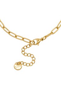 Collana a catena placcata in oro caratterizzata da anelli allungati, chiusura a granchio e un'etichetta incisa "S.steel". Superficie texturizzata in tutta la lunghezza.