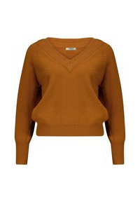 Pull en tricot orange brûlé avec un décolleté en V, design court et poignets côtelés. Texture douce, proportions équilibrées et coupe légèrement décontractée.