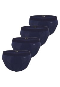 Slip da uomo blu navy in confezione da quattro. Realizzati in tessuto morbido, con vita a contrasto e targhetta con logo. Vestibilità classica con dettagli cuciti.