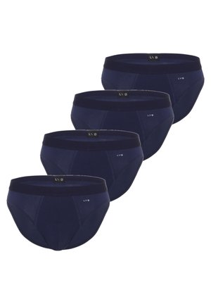 Slip da uomo blu navy in confezione da quattro. Realizzati in tessuto morbido, con vita a contrasto e targhetta con logo. Vestibilità classica con dettagli cuciti.