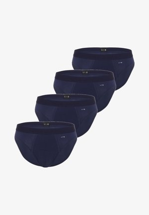 Slip da uomo blu navy in confezione da quattro. Realizzati in tessuto morbido, con vita a contrasto e targhetta con logo. Vestibilità classica con dettagli cuciti.