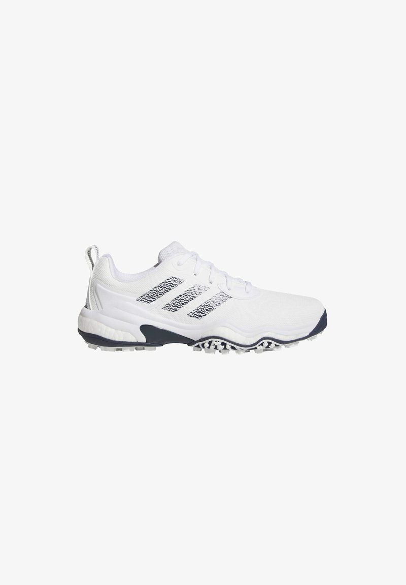 White sports shoe with mesh upper, featuring navy stripes and accents. Textured sole for grip, extended heel tab for easy on/off.