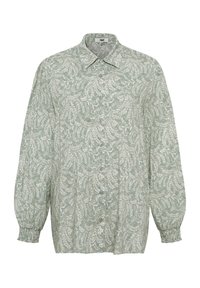 Light green button-up shirt with a white leaf pattern, long sleeves with gathered cuffs, and a standard collar. Soft fabric texture.
