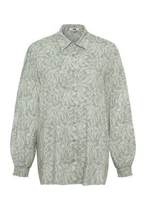 Light green button-up shirt with a white leaf pattern, long sleeves with gathered cuffs, and a standard collar. Soft fabric texture.