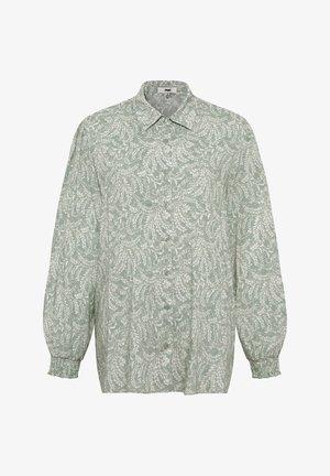 Light green button-up shirt with a white leaf pattern, long sleeves with gathered cuffs, and a standard collar. Soft fabric texture.