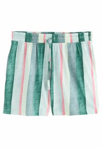 Bañador a rayas con rayas verticales en verde, azul claro, rosa pálido y crema. Cintura elástica con cordón ajustable.