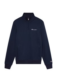 Felpa blu navy con colletto alto e zip a metà. Presenta tasche laterali e un logo ricamato bianco sul petto. Tessuto dalla texture morbida.