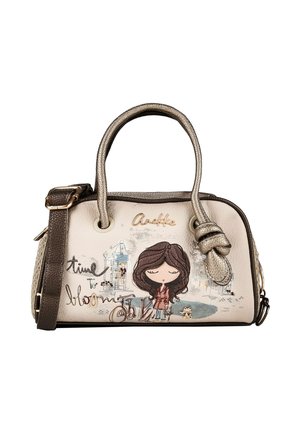 Kleine beige-braune Handtasche mit zwei Griffen, einer Mädchenillustration, einer kleinen Katze, einem Fahrrad und dem Text "time for blooming."