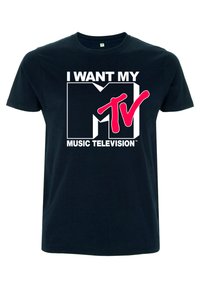 Czarna bawełniana koszulka z krótkim rękawem z dużą białą i różową grafiką, na której widnieje napis "CHCĘ SWOJE MTV MUZYCZNA TELEWIZJA" w pogrubionej czcionce. Okrągły dekolt.