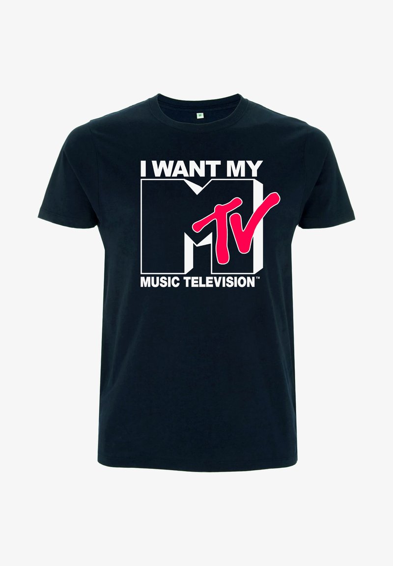 Czarna bawełniana koszulka z krótkim rękawem z dużą białą i różową grafiką, na której widnieje napis "CHCĘ SWOJE MTV MUZYCZNA TELEWIZJA" w pogrubionej czcionce. Okrągły dekolt.