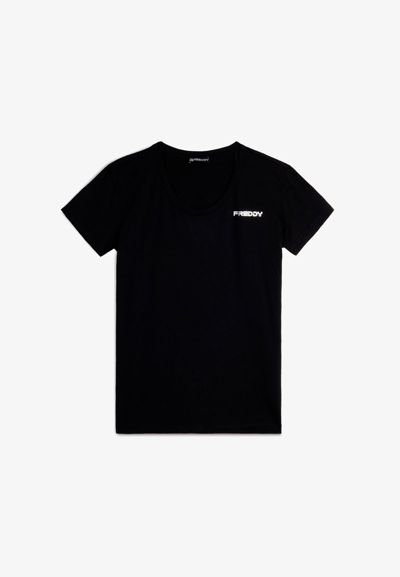 T-shirt en coton noir avec un col rond et des manches courtes. Petit logo blanc "FREDDY" sur la poitrine gauche. Coupe classique, texture lisse.