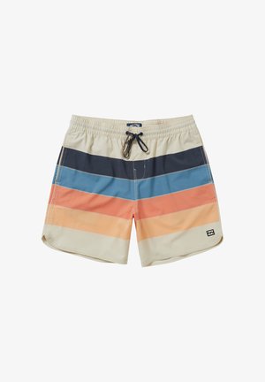Costumi da bagno da uomo in beige, con righe orizzontali in blu navy, azzurro, arancione e pesca. Vita elasticizzata con cordino.