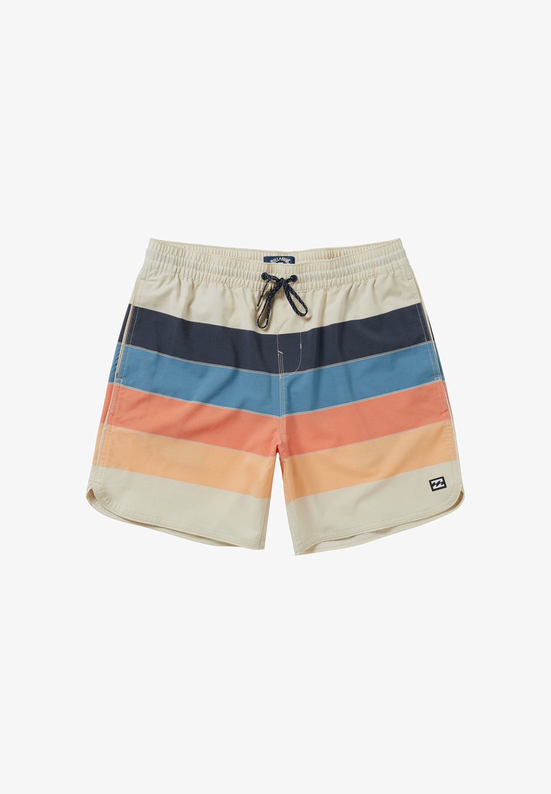 Pánske plavky v béžovej farbe s vodorovnými pruhmi v námorníckej modrej, svetlo modrej, oranžovej a broskyňovej farbe. Elastický pás s šnúrkou.