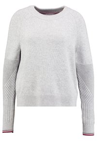 Light gray knit sweater with ribbed cuffs and hem, featuring textured diagonal knit patterns on sleeves and a round neckline.