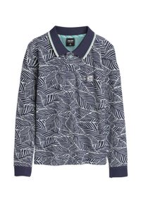 Poloshirt met lange mouwen in marineblauw met een bladmotief. Heeft een contrasterende kraag met een lichtblauwe streep en een klein logopatch.