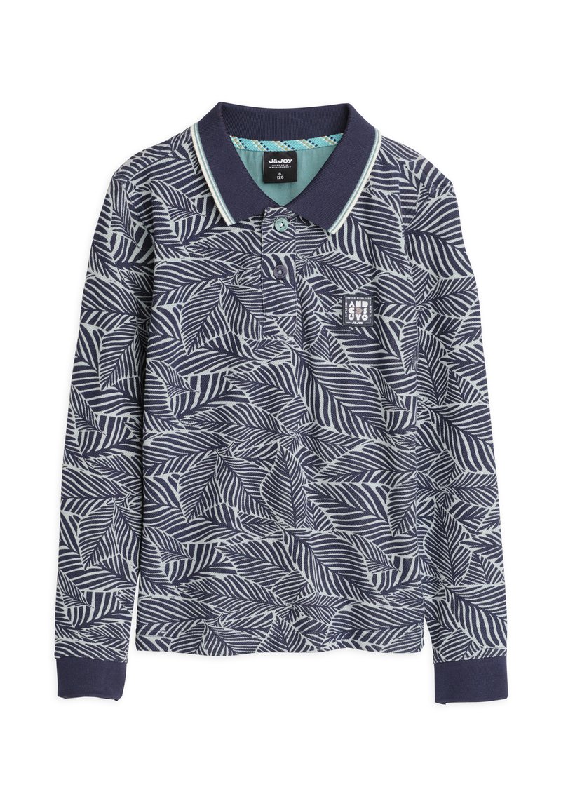 Poloshirt met lange mouwen in marineblauw met een bladmotief. Heeft een contrasterende kraag met een lichtblauwe streep en een klein logopatch.