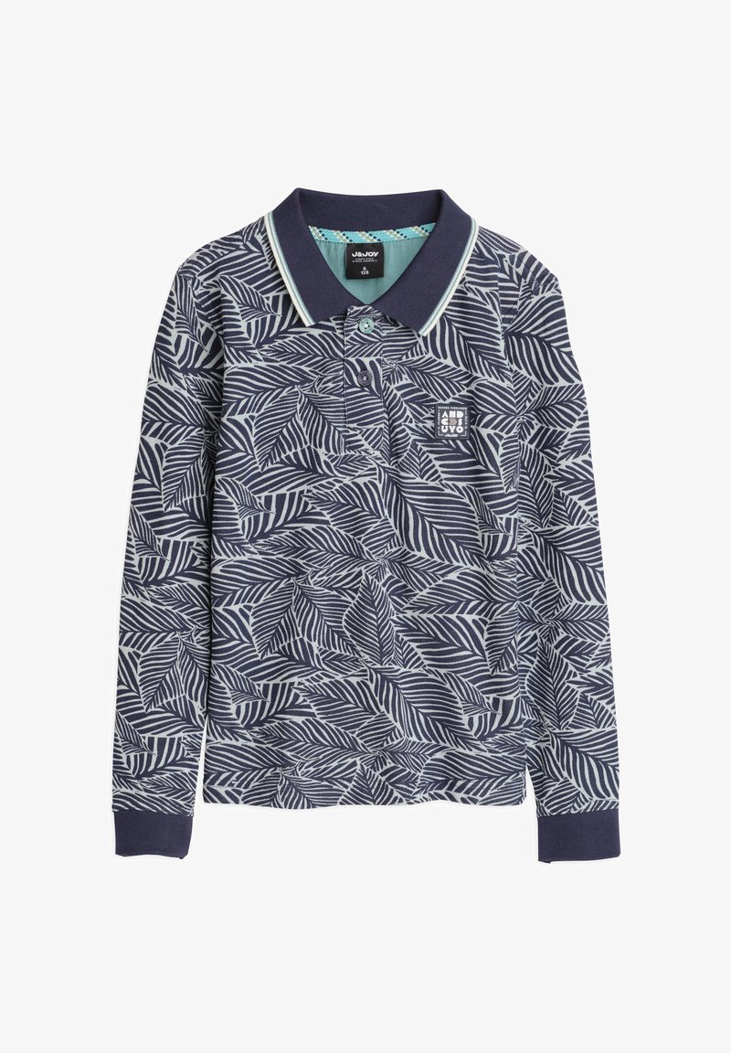 Poloshirt met lange mouwen in marineblauw met een bladmotief. Heeft een contrasterende kraag met een lichtblauwe streep en een klein logopatch.