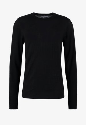 Czarny sweter z długim rękawem, wykonany z miękkiej, lekkiej dzianiny. Posiada okrągły dekolt i dopasowane mankiety, charakteryzując się gładką fakturą i prostym wzornictwem.