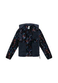 Giacca in pile con un motivo pixelato multicolore in blu scuro, rosso e grigio. Include un collo alto e diverse tasche frontali.