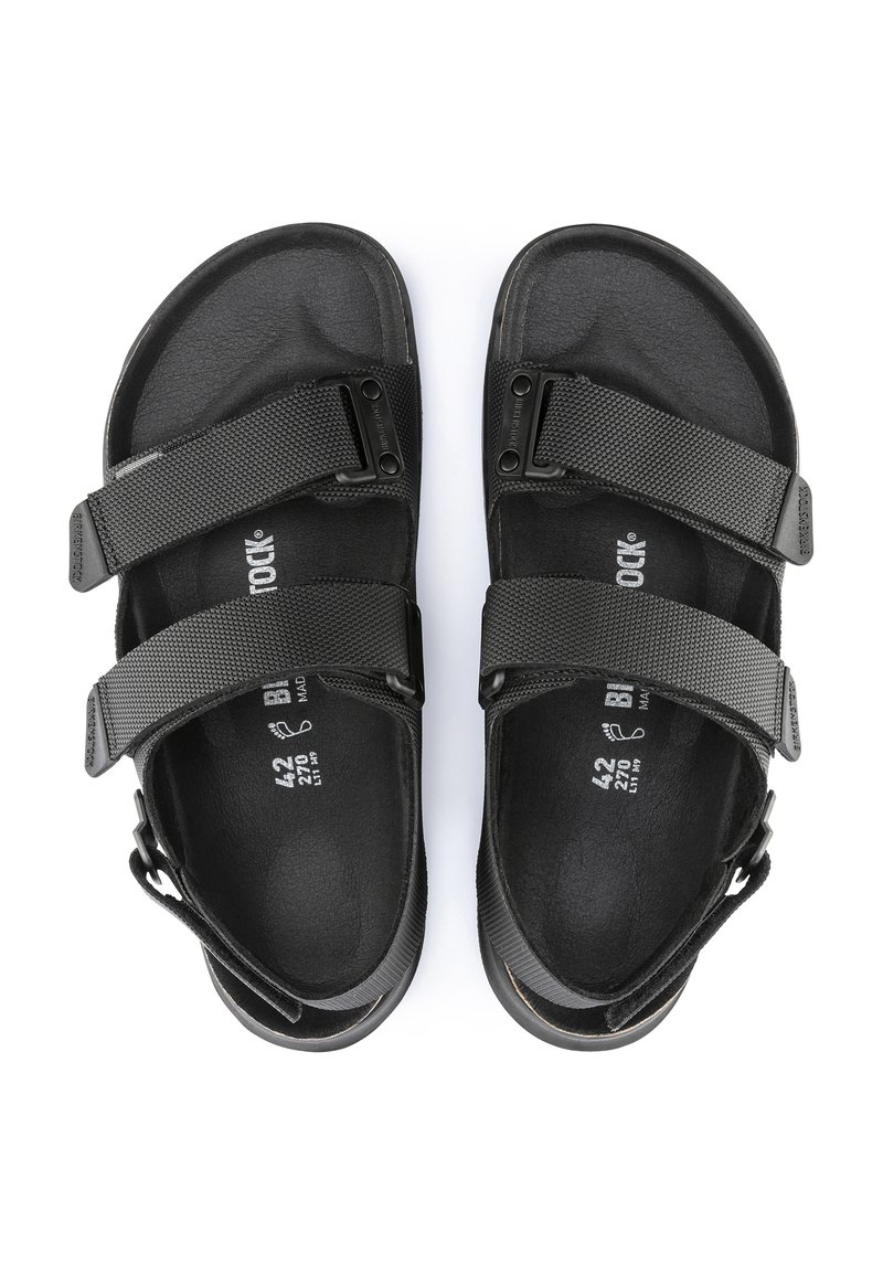 Sandales noires avec deux sangles réglables, fabriquées en tissu texturé. Dotées d'une semelle intérieure profilée et d'une semelle extérieure en caoutchouc durable. Taille 42.