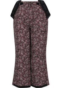 Kwiatowe spodnie w ciemnym burgundzie z małym wzorem kwiatów w różowym i białym kolorze. Posiadają dwa guziki i regulowane czarne paski w talii.