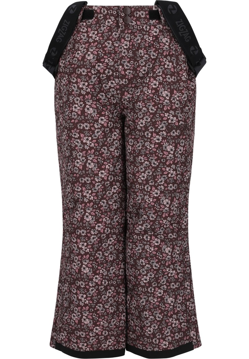 Kwiatowe spodnie w ciemnym burgundzie z małym wzorem kwiatów w różowym i białym kolorze. Posiadają dwa guziki i regulowane czarne paski w talii.