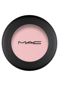 Rund MAC blush kompakt med en svart matte innfatning og et mykt rosa pudderinnhold. Pudderet har en jevn tekstur og ingen synlig glans.