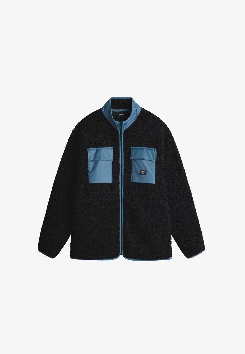 Mustan fleece-takkimallinen takki, jossa on sinisiä nylon-yksityiskohtia, korkea kaulus, vetoketjusuljenta ja kaksi etupussitaskua. Pehmeä rakenne kauttaaltaan.