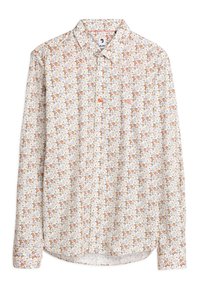 Witte blouse met lange mouwen en een bloemenpatroon in oranje en blauw, voorzien van een puntkraag en een knoopsluiting aan de voorkant. Zachte stoftextuur.