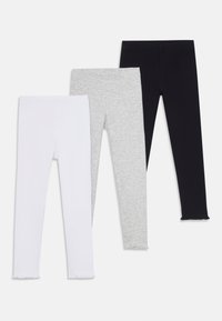 Trois paires de leggings en blanc, gris et noir. Matière en coton doux, design ajusté, avec des ourlets effilochés. Texture lisse avec une taille élastique.