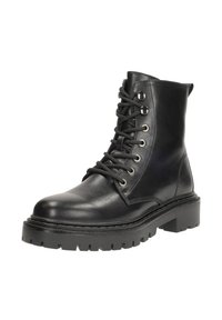 Zwarte leren enkelboot met veters, zilveren oogjes, een dikke zool en een lichte hak. Glad textuur met versterkte stikdetails.