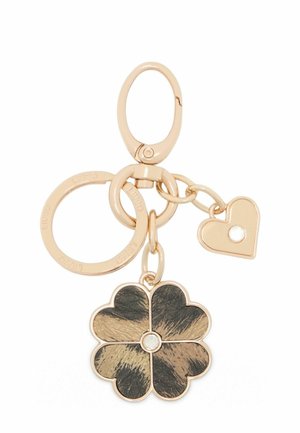 Portachiavi in tonalità oro con pendente a forma di fiore caratterizzato da un design texturizzato in nero e marrone e una piccola cristallo al centro; include un charm a forma di cuore.