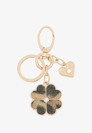 Portachiavi in tonalità oro con pendente a forma di fiore caratterizzato da un design texturizzato in nero e marrone e una piccola cristallo al centro; include un charm a forma di cuore.