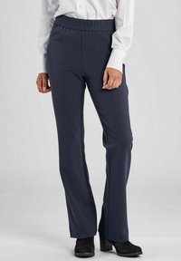 Navyblaue Stretchhose mit elastischem Bund. Gerades Bein-Design, glatte Textur und minimalistische Details für Vielseitigkeit.