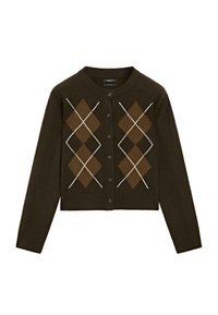 Braunes kurzes Strickjacke mit Argyle-Muster in Brauntönen und Creme. Stricktextur mit Rundhalsausschnitt und Knopfverschluss.