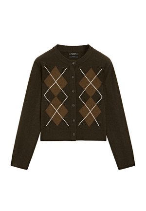 Brun kort cardigan med et argyle-mønster i nuancer af brun og creme. Strikket tekstur med rund hals og knaplukning.